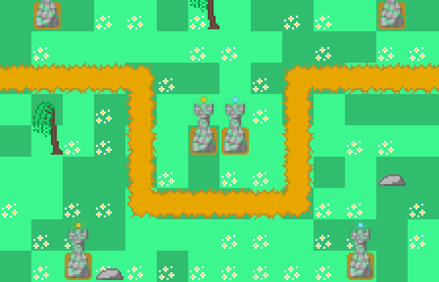 A tower-defense map assembled from 16-pixel tiles: grass, a winding dirt path, stone towers