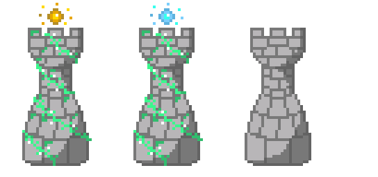 Three pixel-art towers