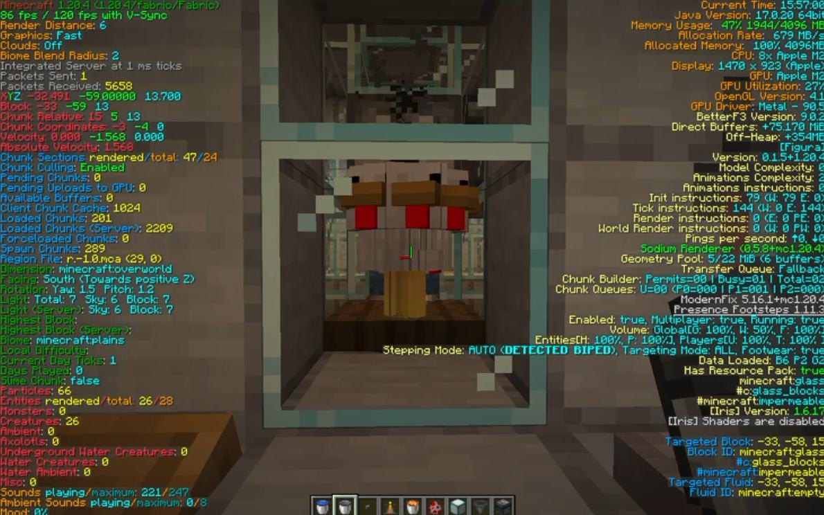 Minecraft screenshot of the egg machine with the debug overlay open