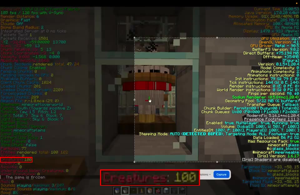 Debug screen at the end: Creatures 100, the machine full of chickens