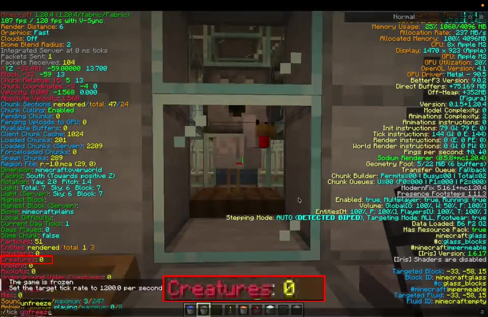Debug screen at the start: Creatures 0, one chicken in the machine