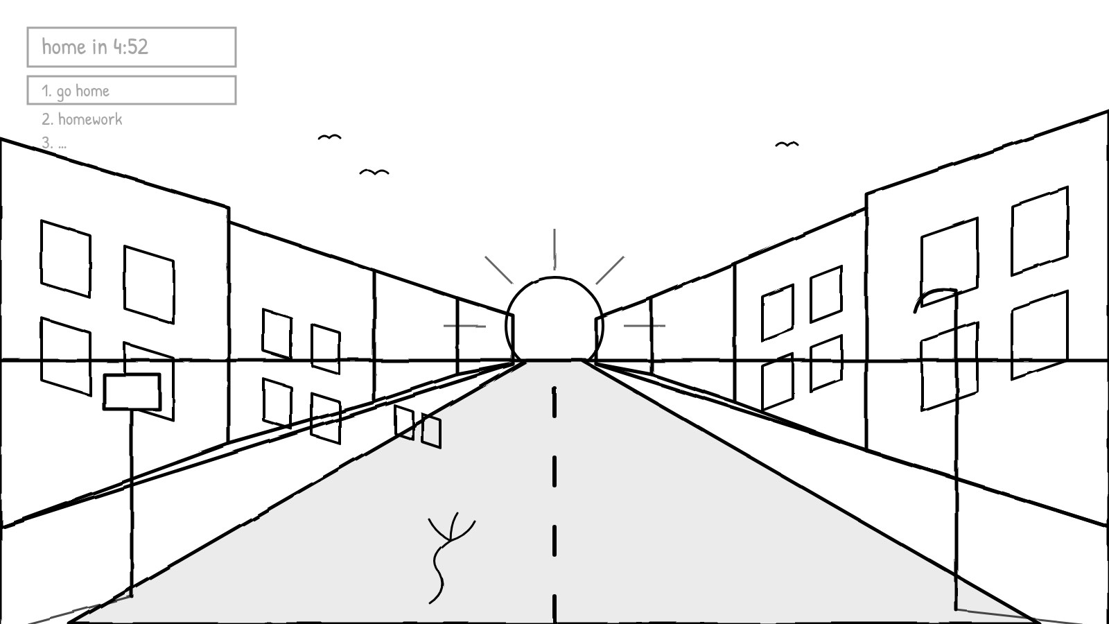 A hand-drawn street in one-point perspective, low sun ahead, a faint timer and task list in the corner