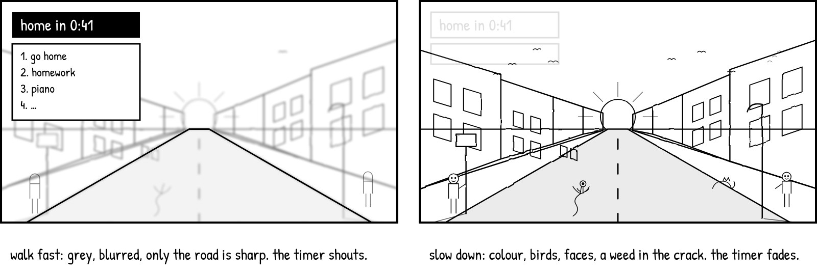 Two drawings of the same street: rushed and grey with a loud timer, then slow and detailed with the timer fading